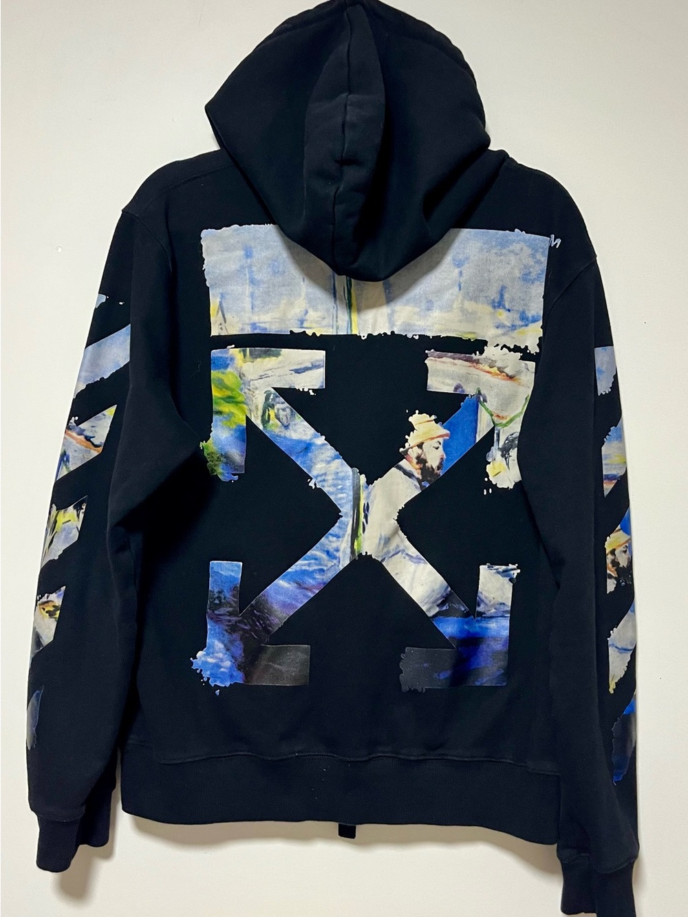 Off-White Black Hoodie with Blue Accent Arrow Graphic